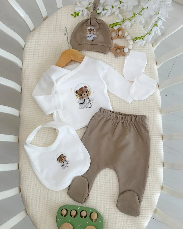 Astronot ayıcık baskılı yandan çıtçıtlı mevsimlik yenidoğan 5 parça set