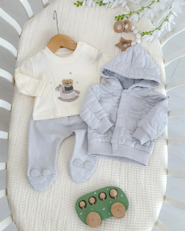 Ayıcık kabartma hırkalı mevsimlik 3lü erkek bebe takım