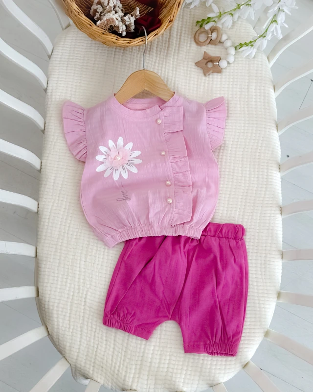 Papatya detaylı şortlu yazlık kız bebe takım