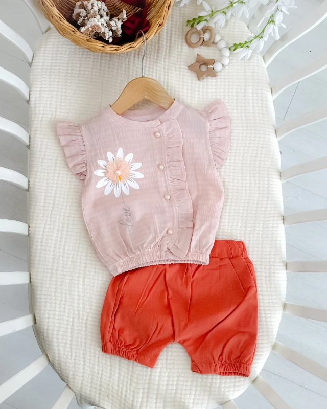 Papatya detaylı şortlu yazlık kız bebe takım
