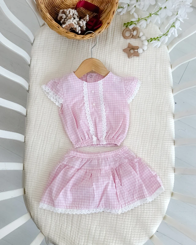 Pötikare dantel detaylı kendinden kilotlu yazlık 2li kız bebe takım