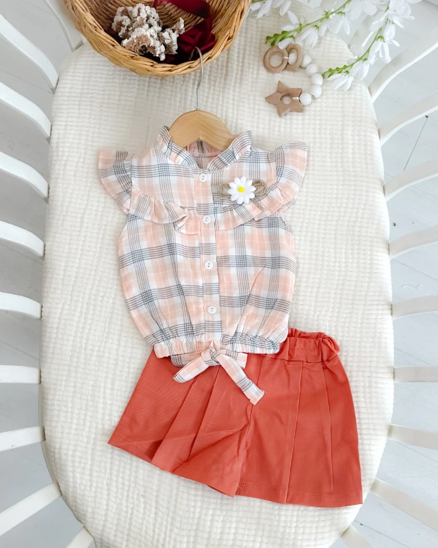 Pötikare gömlekli etek görünümlü şortlu yazlık kız bebe takım