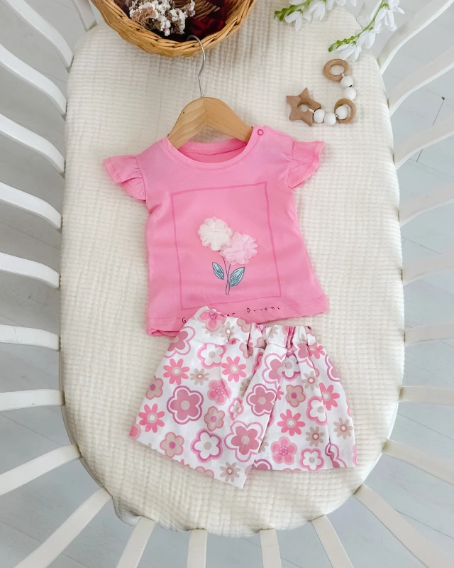 Renkli çiçekler şort etekli yazlık 2li kız bebe takım