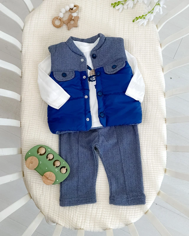 Sahte cep görünümlü şişme yelekli mevsimlik 3lü erkek bebe takım