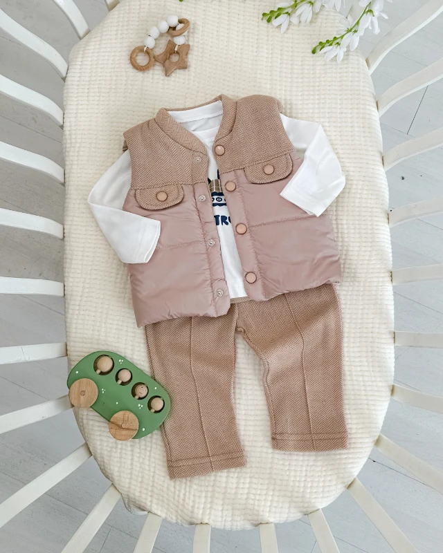 Sahte cep görünümlü şişme yelekli mevsimlik 3lü erkek bebe takım