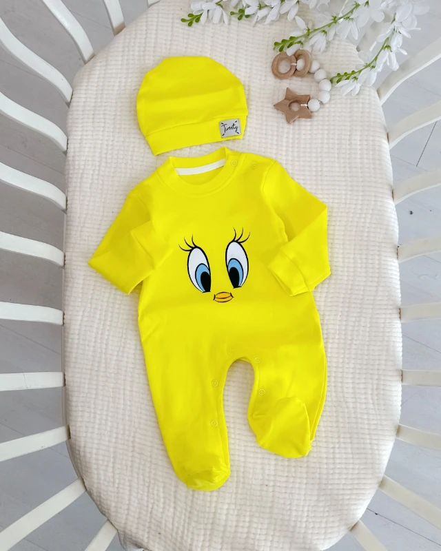 Sarı civciv patikli alttan çıtçıtlı unisex bebe tulum