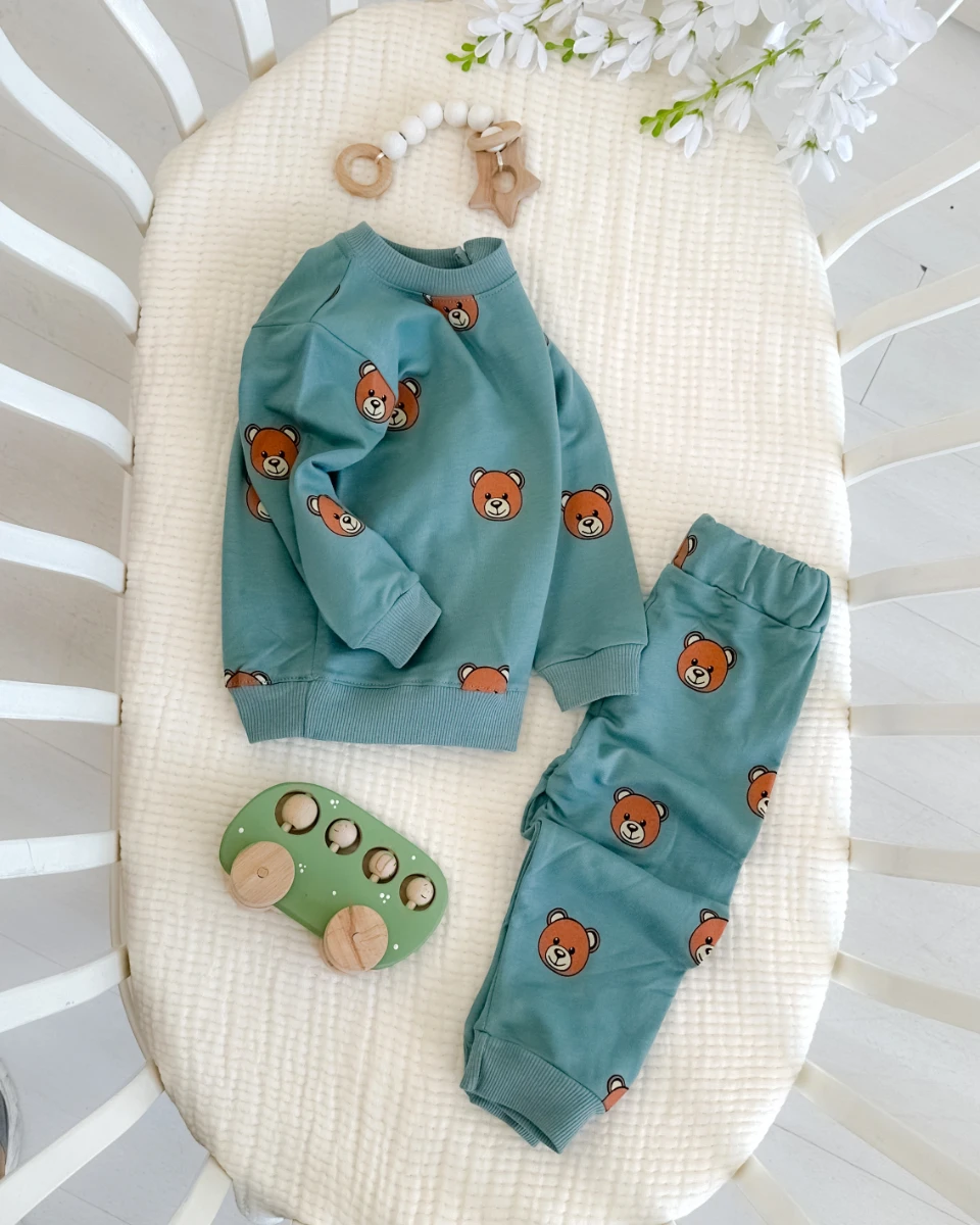 Büyük ayıcık kafalar desen omuzdan çıtçıtlı mevsimlik 2 parça takım