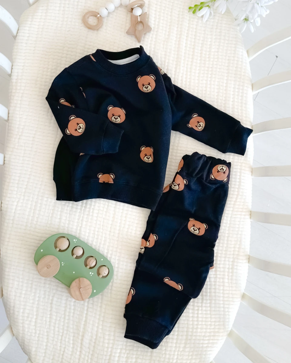 Büyük ayıcık kafalar desen omuzdan çıtçıtlı mevsimlik 2 parça takım