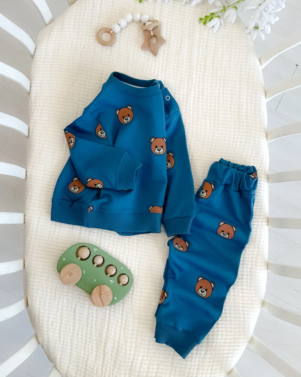 Büyük ayıcık kafalar desen omuzdan çıtçıtlı mevsimlik 2 parça takım