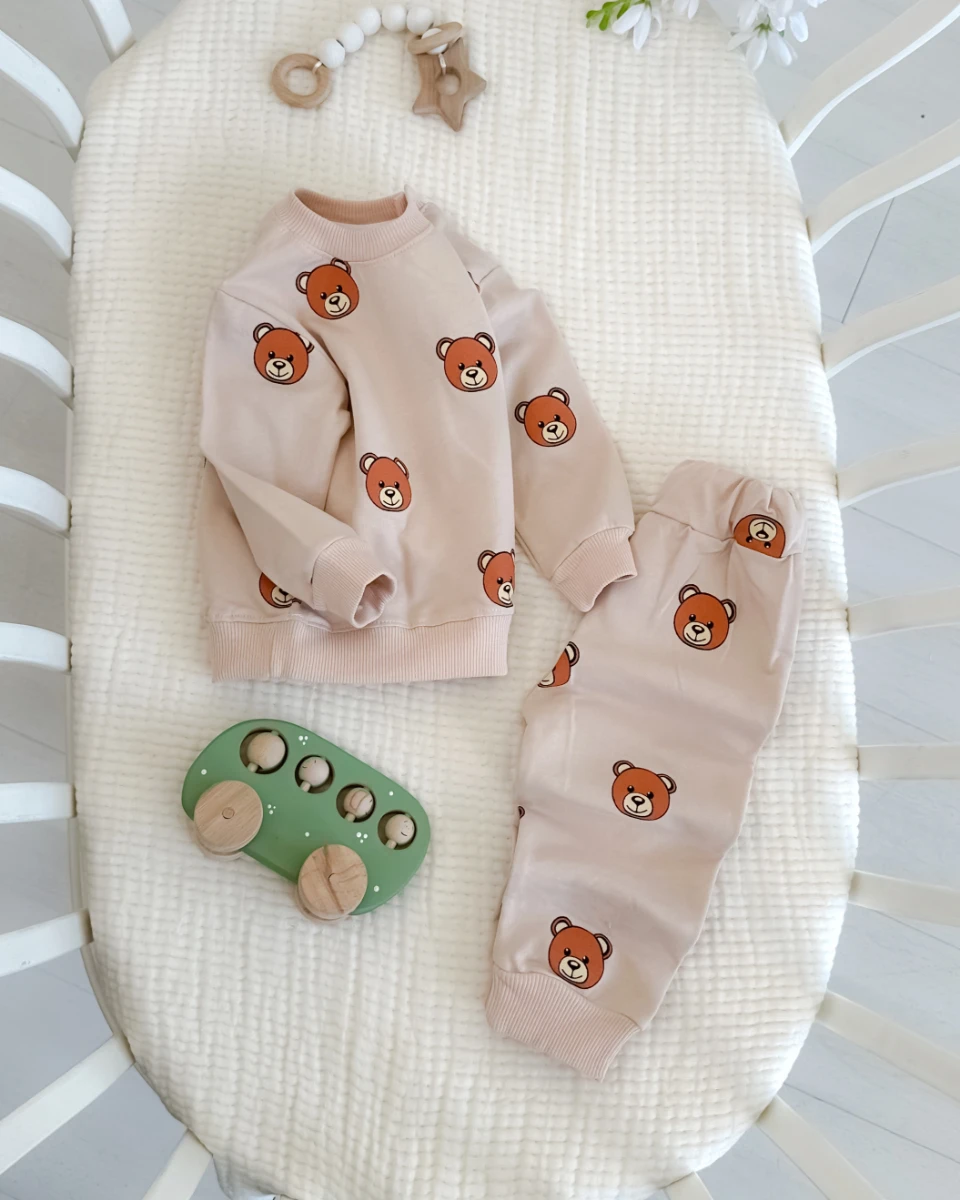 Büyük ayıcık kafalar desen omuzdan çıtçıtlı mevsimlik 2 parça takım