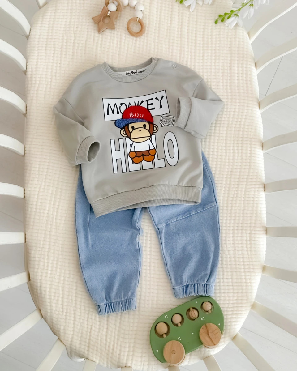 Hello happy monkey baskılı omuzdan çıtçıtlı mevsimlik 2 parça takım