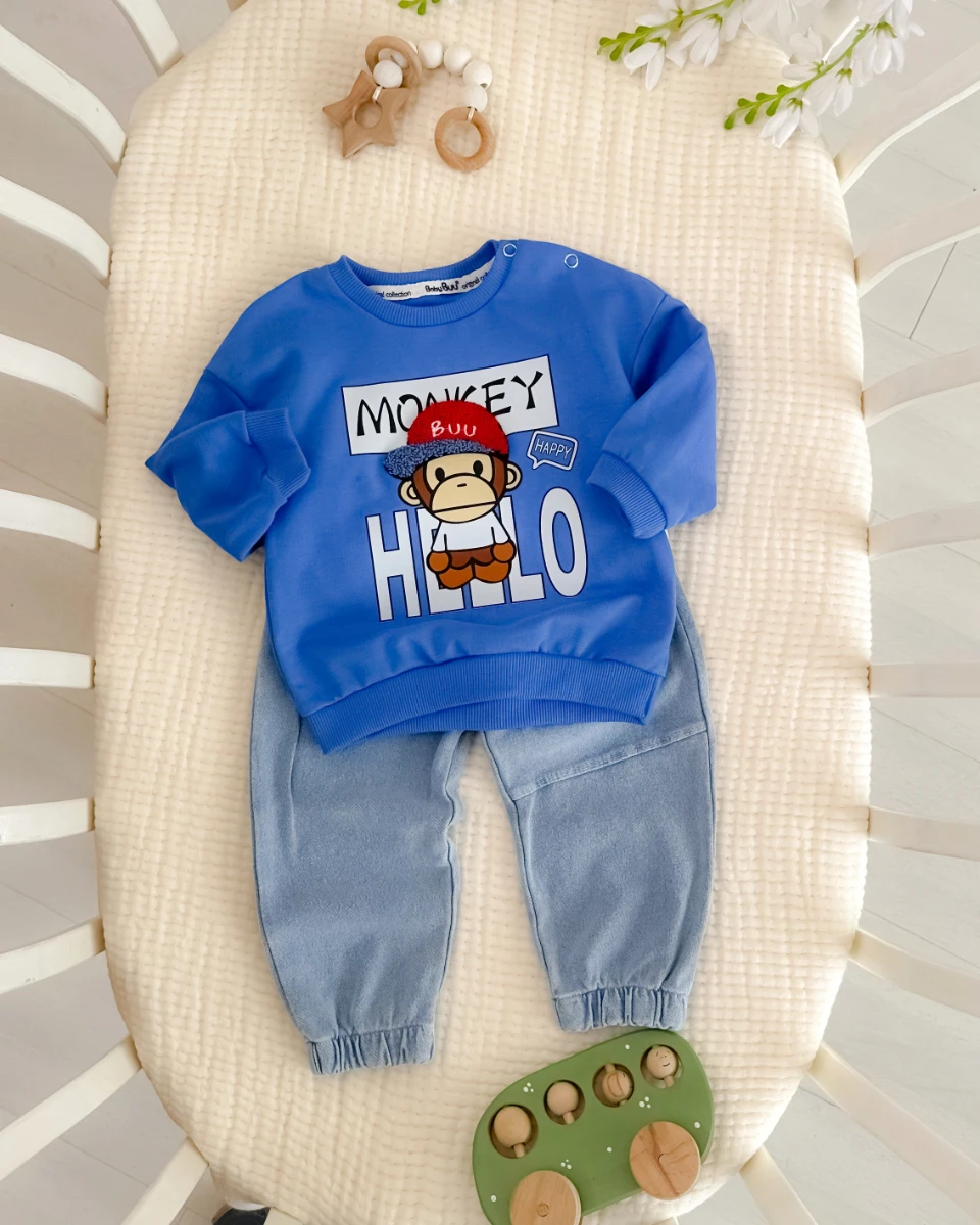 Hello happy monkey baskılı omuzdan çıtçıtlı mevsimlik 2 parça takım