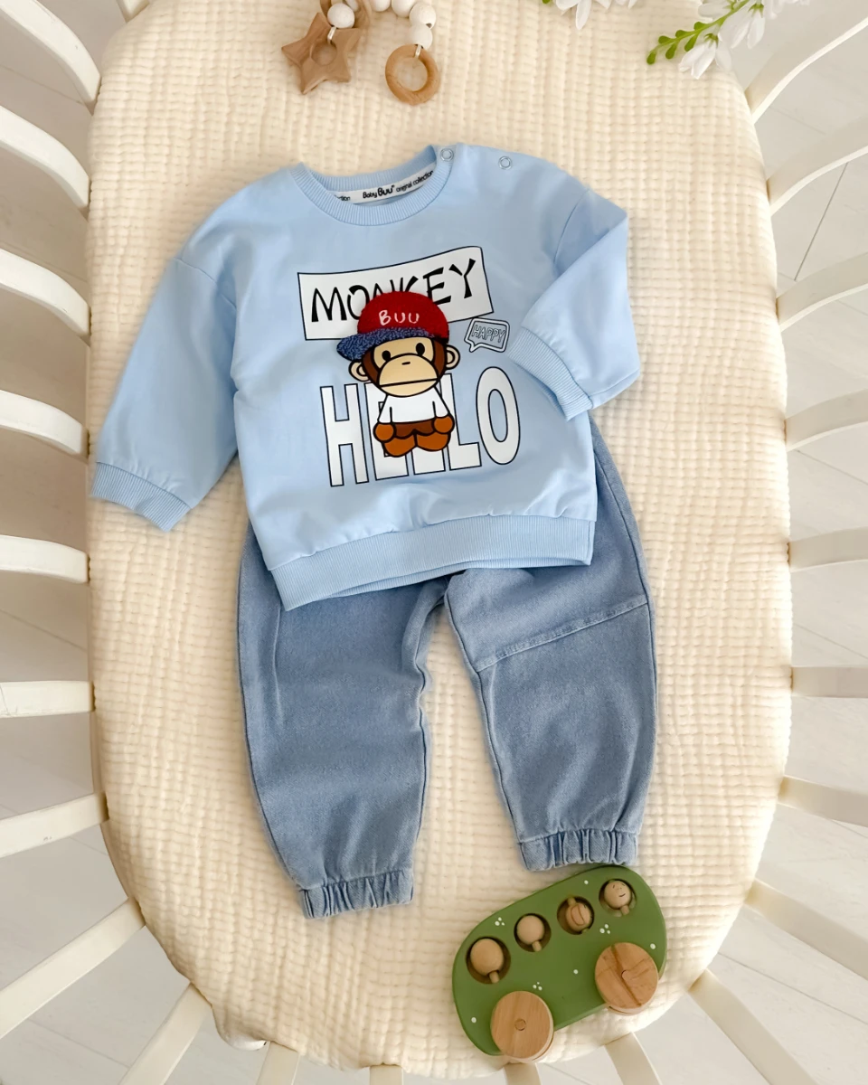 Hello happy monkey baskılı omuzdan çıtçıtlı mevsimlik 2 parça takım