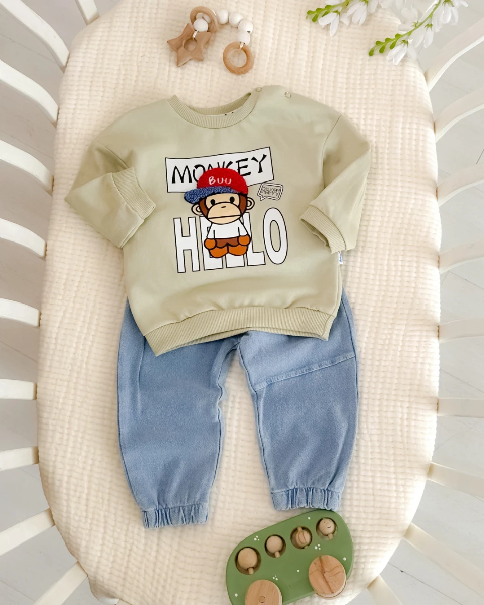 Hello happy monkey baskılı omuzdan çıtçıtlı mevsimlik 2 parça takım