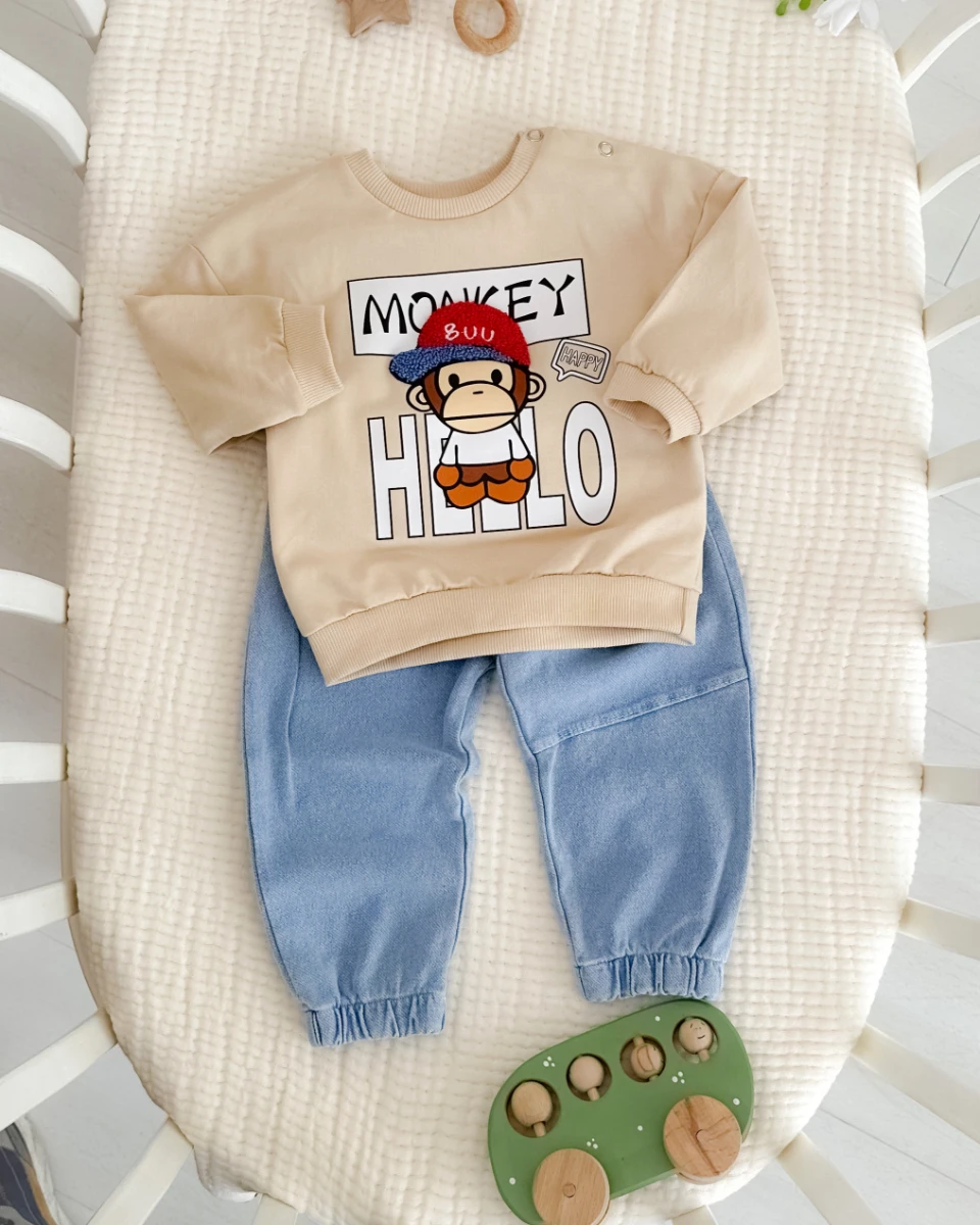 Hello happy monkey baskılı omuzdan çıtçıtlı mevsimlik 2 parça takım