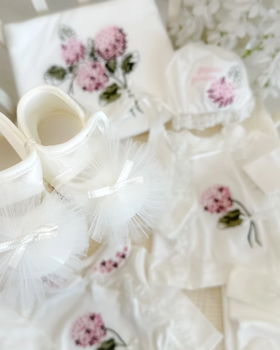 Ortanca nakış işlemeli fisto detaylı premium 11li 03 Ay Uyumlu kız Hastane Çıkış Seti 