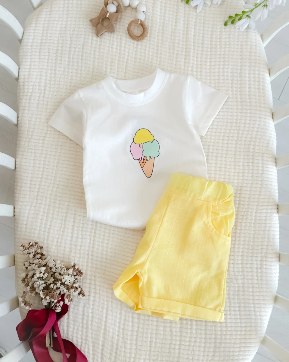 Renkli dondurma keten şortlu yazlık 2li takım 
