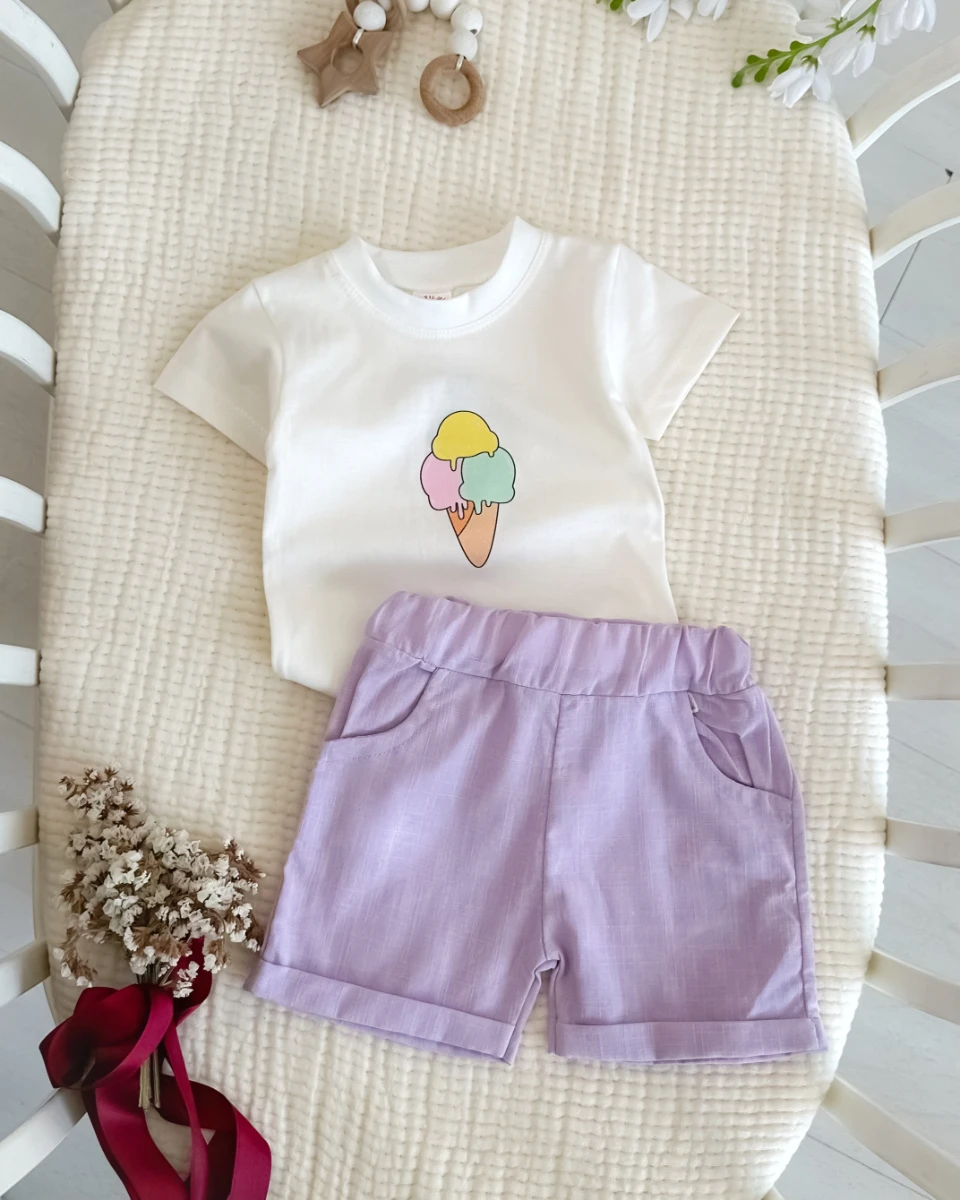 Renkli dondurma keten şortlu yazlık 2li takım 