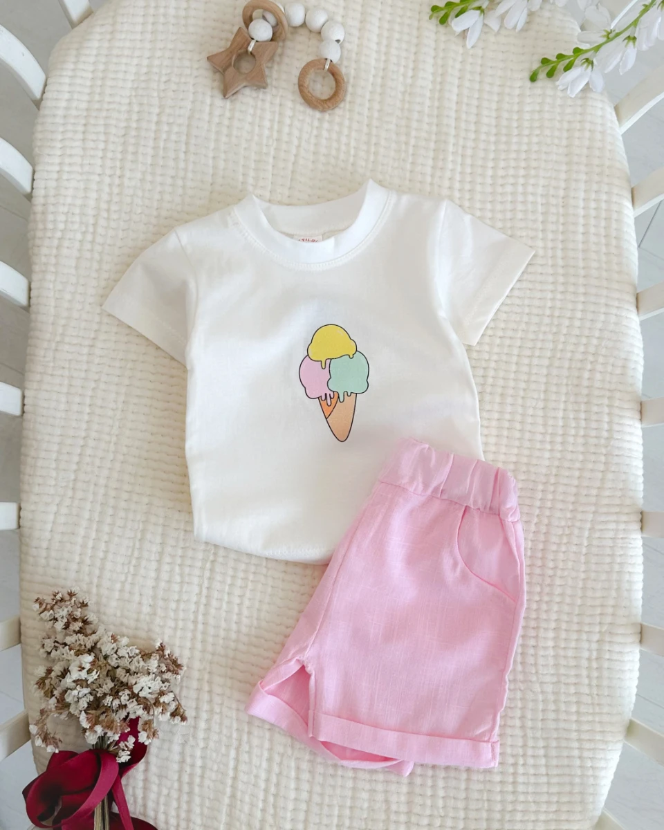 Renkli dondurma keten şortlu yazlık 2li takım 