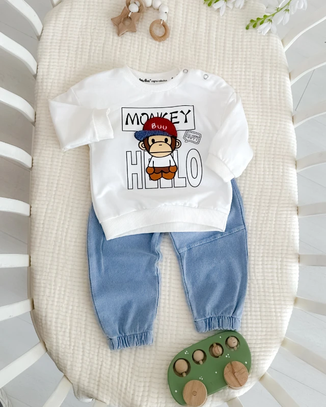 Hello happy monkey baskılı omuzdan çıtçıtlı mevsimlik 2 parça takım