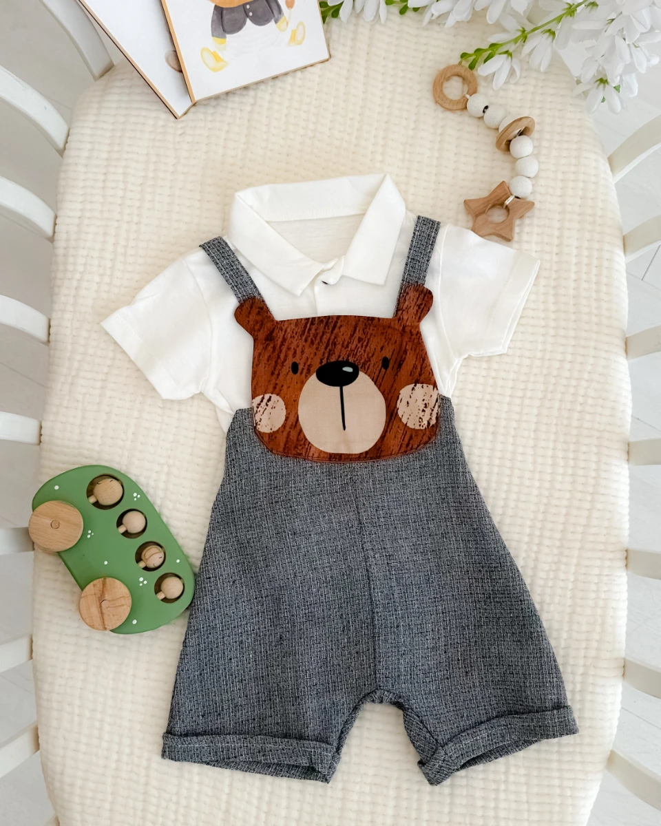 Big bear face şortlu salopet tshırt yazlık 2li set 