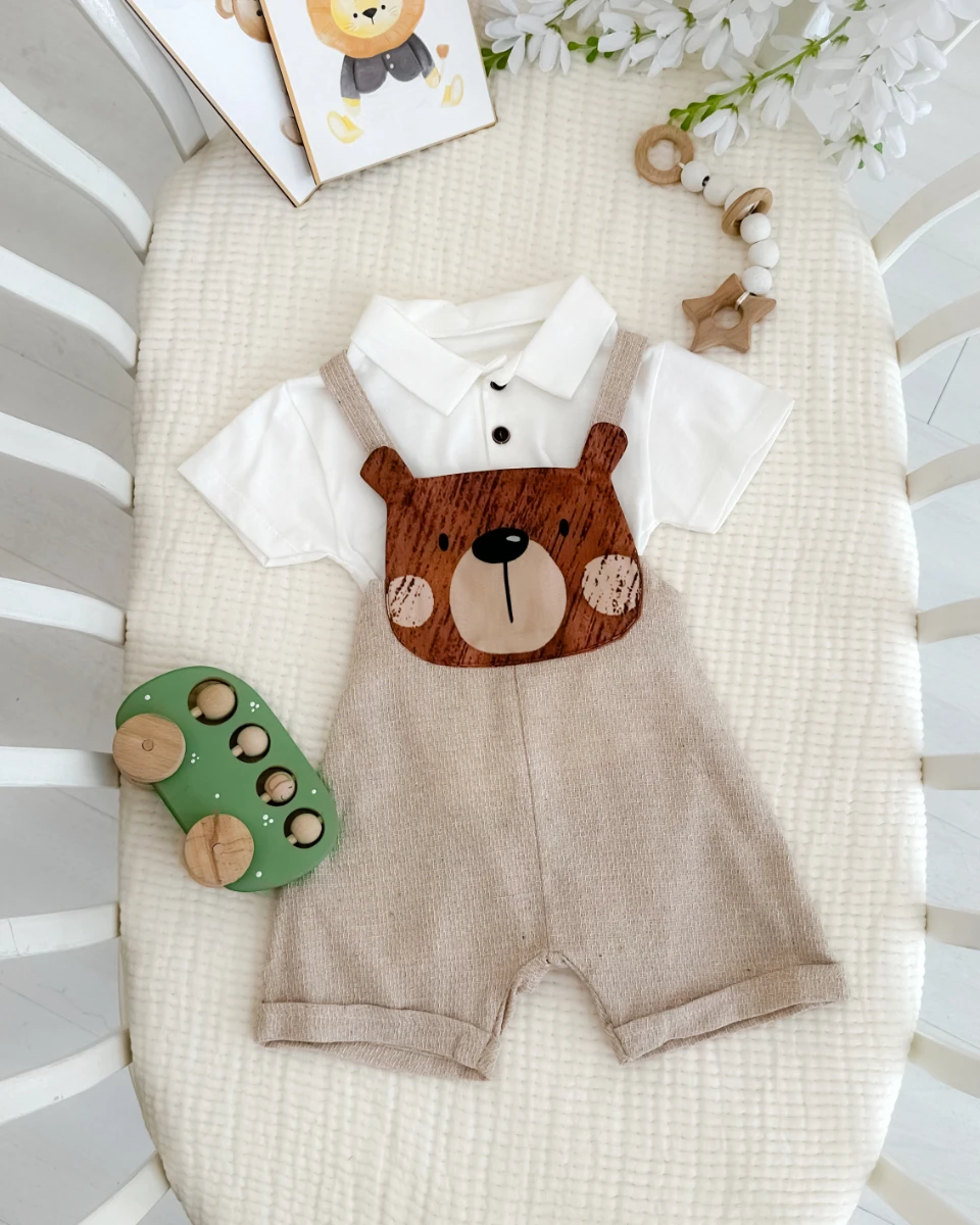 Big bear face şortlu salopet tshırt yazlık 2li set 