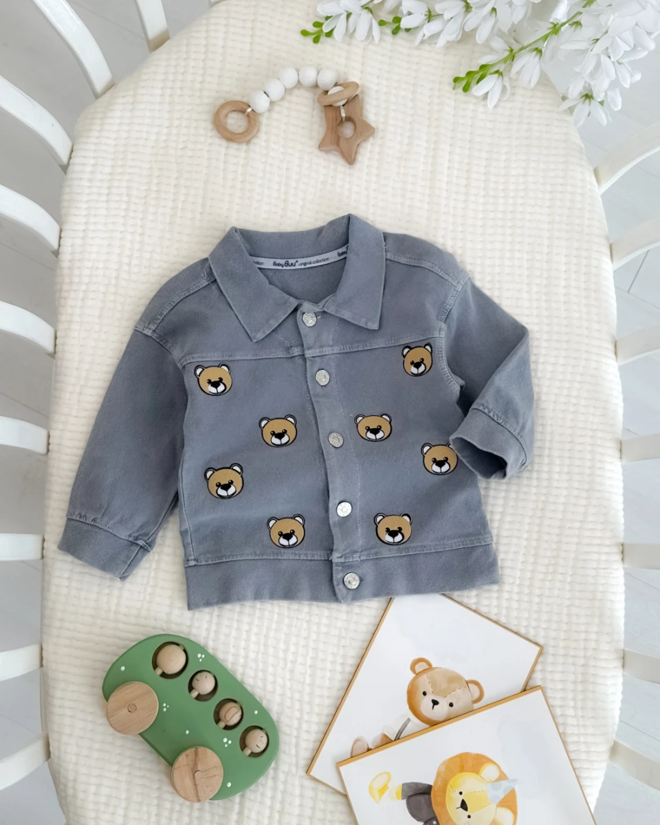 Minik ayıcık kafalar önden düğmeli örme kot kumaş ceket 