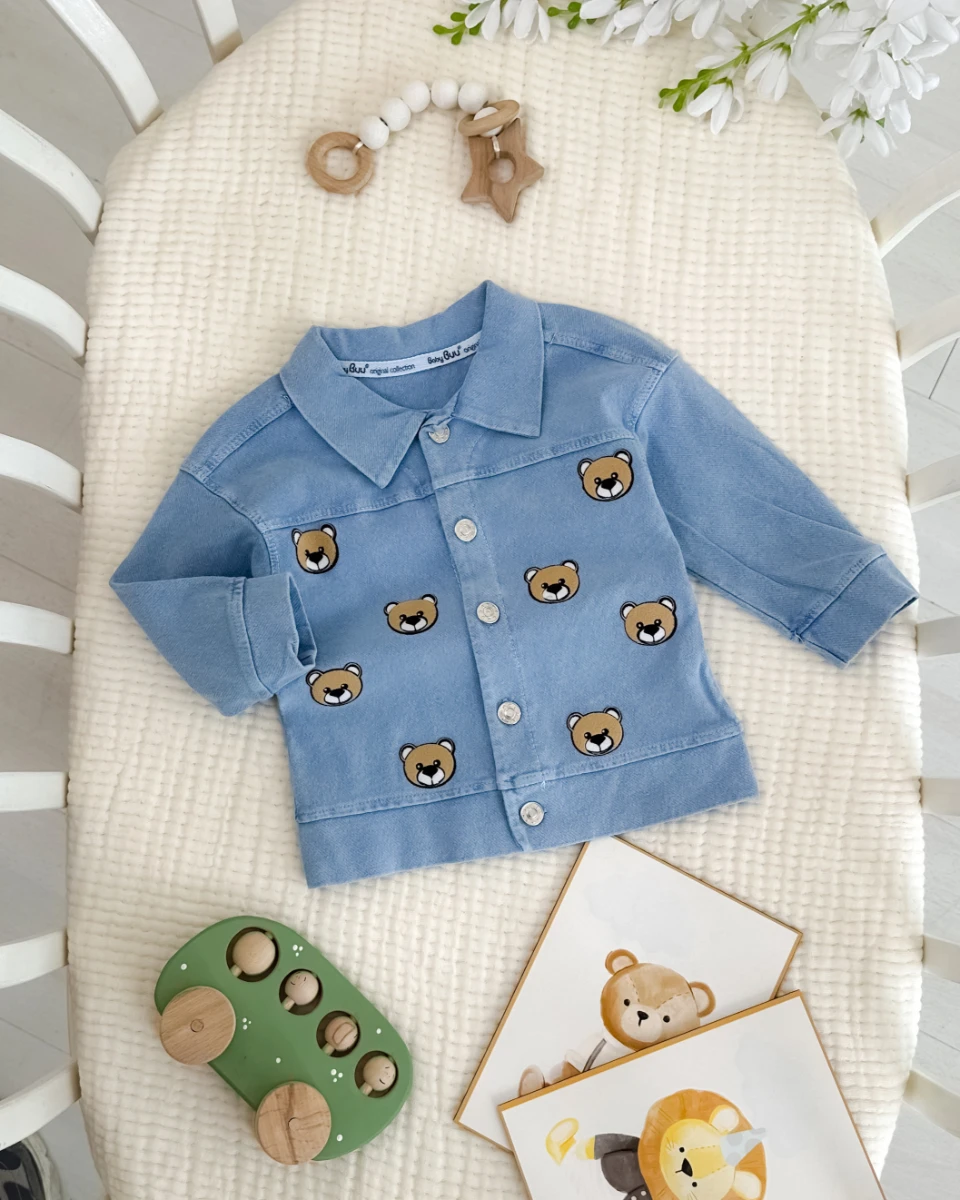 Minik ayıcık kafalar önden düğmeli örme kot kumaş ceket 