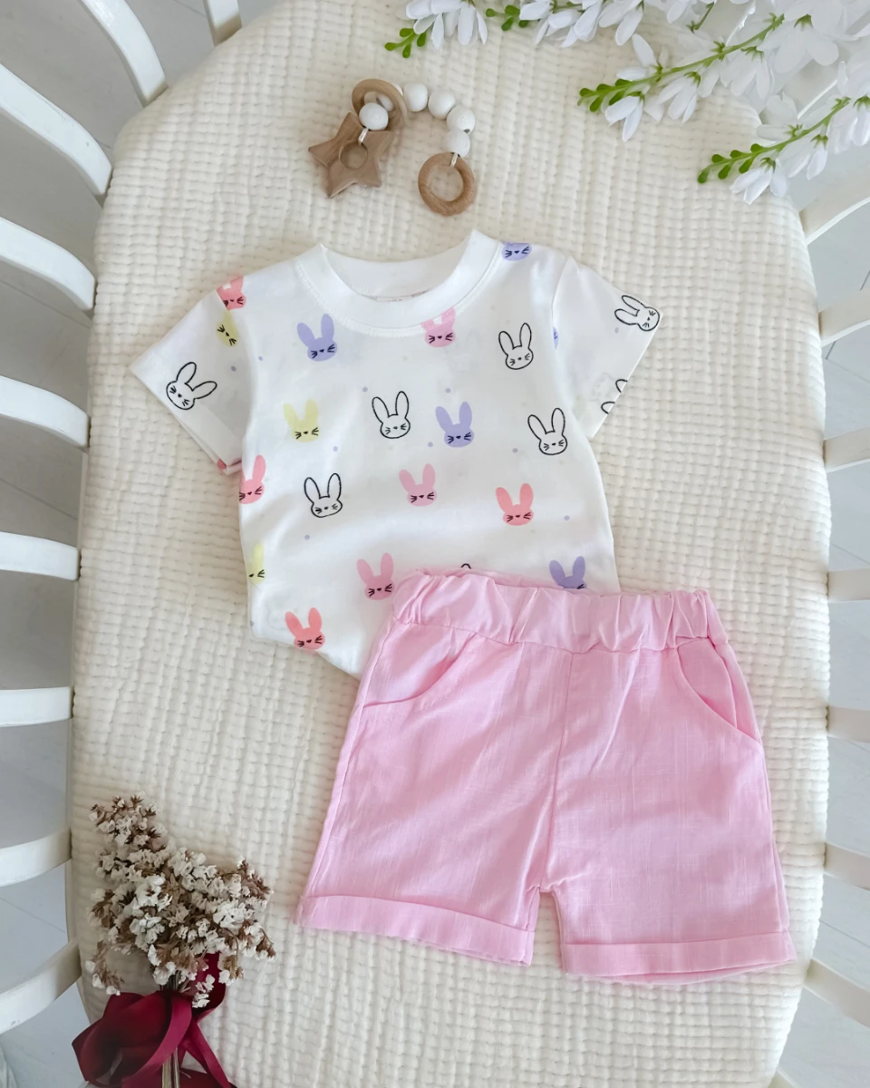 Minik Tavşan kulaklar desen keten şortlu yazlık 2li takım 