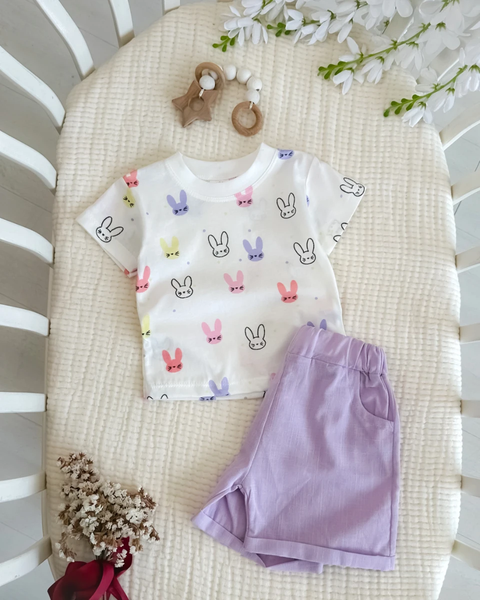 Minik Tavşan kulaklar desen keten şortlu yazlık 2li takım 