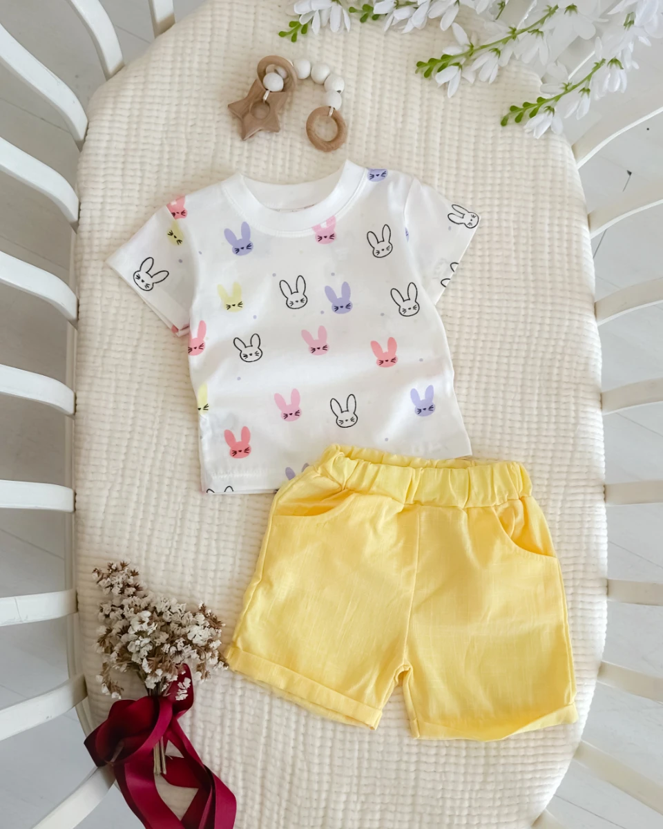 Minik Tavşan kulaklar desen keten şortlu yazlık 2li takım 
