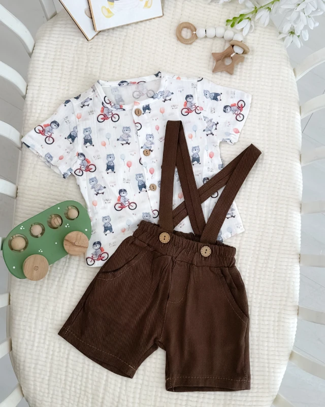 Bisikletli ayıcık desen muslin gömlekli şort salopetli yazlık 2li set 