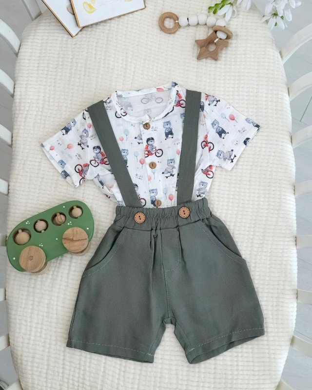 Bisikletli ayıcık desen muslin gömlekli şort salopetli yazlık 2li set 