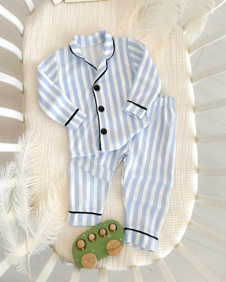 Siyah biyeli boydan çizgili bebe yaka bebe çocuk pijama takıımı