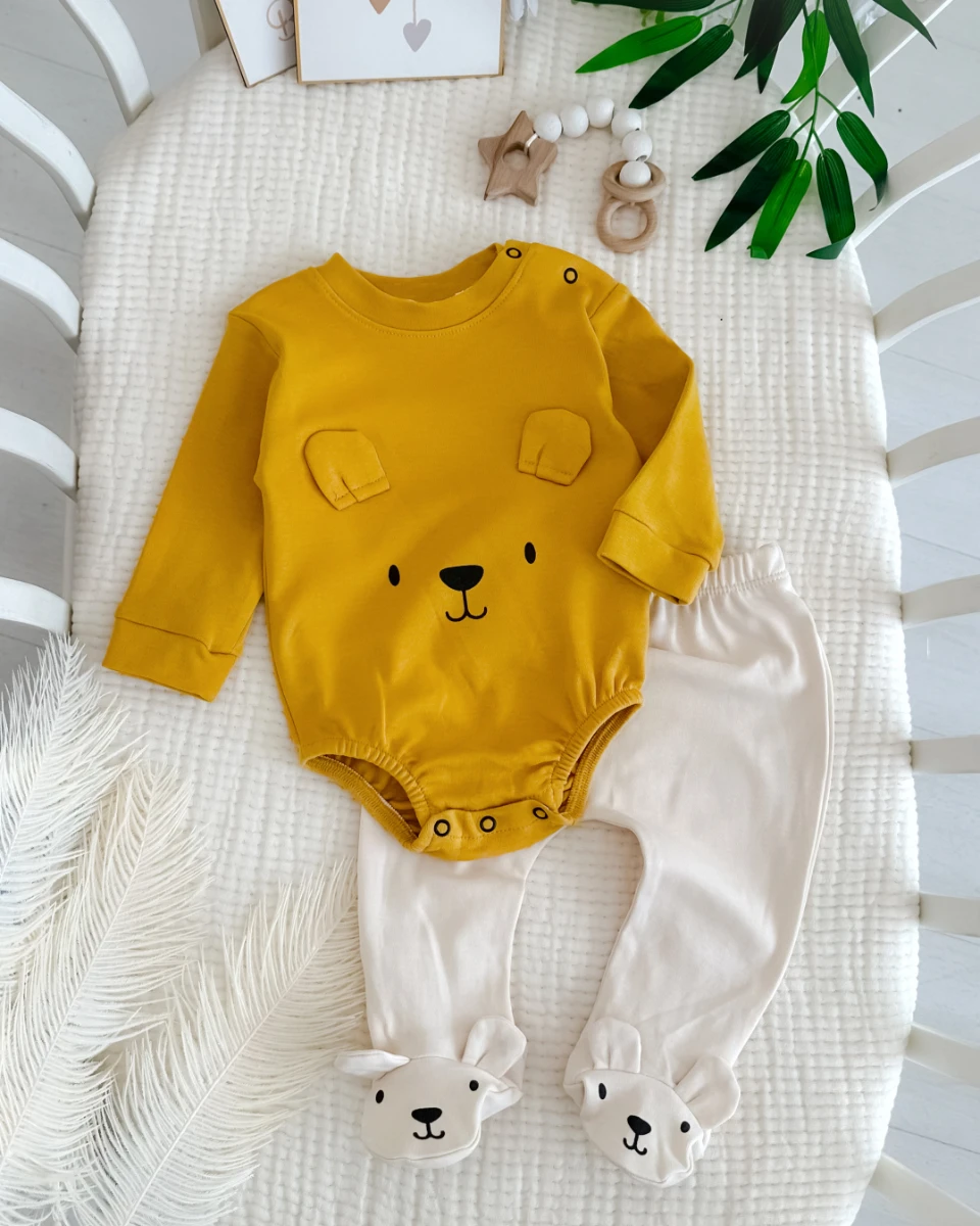 Ayıcık kulak detaylı çıtçıtlı badili mevsimlik 2li bebe takım