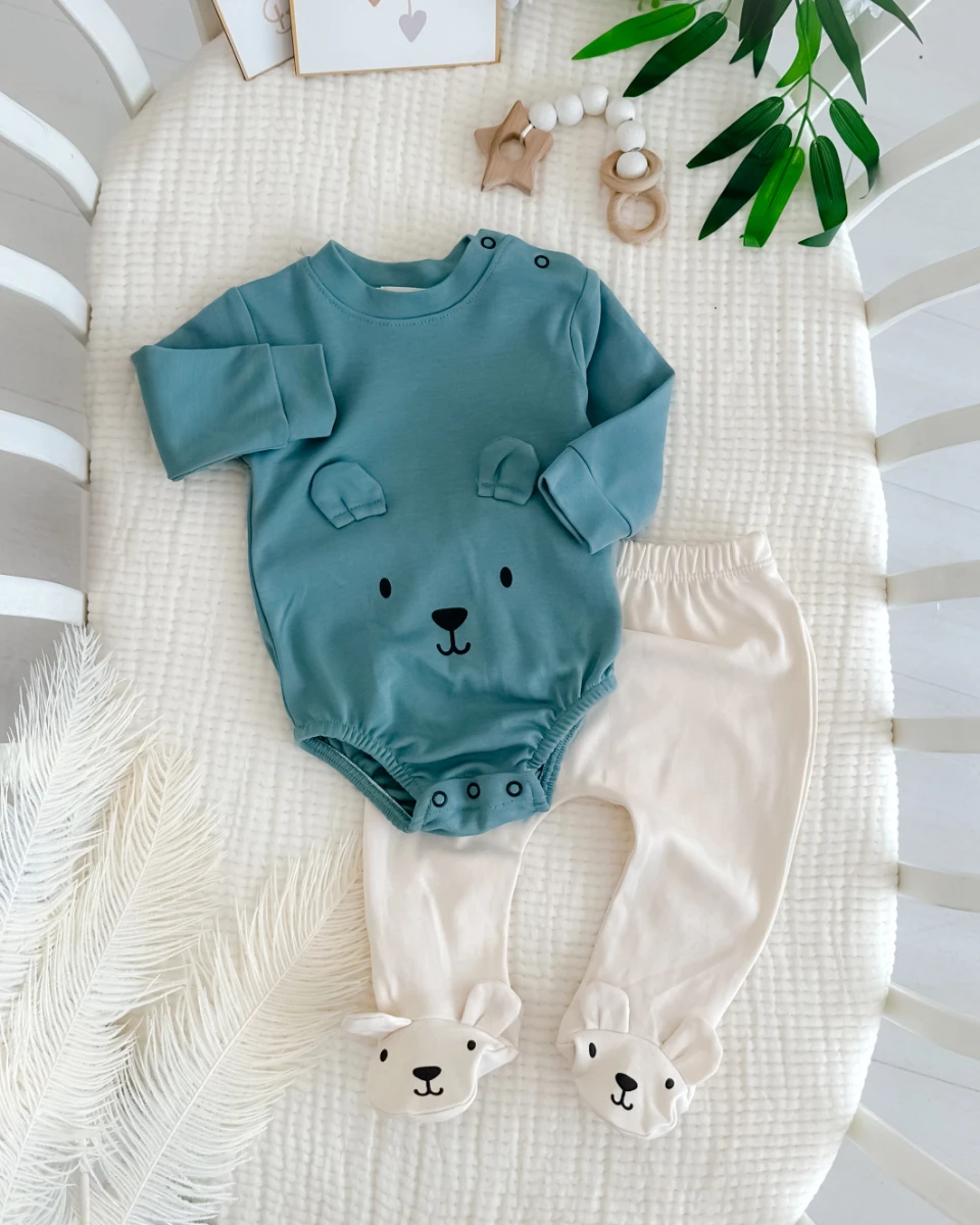 Ayıcık kulak detaylı çıtçıtlı badili mevsimlik 2li bebe takım