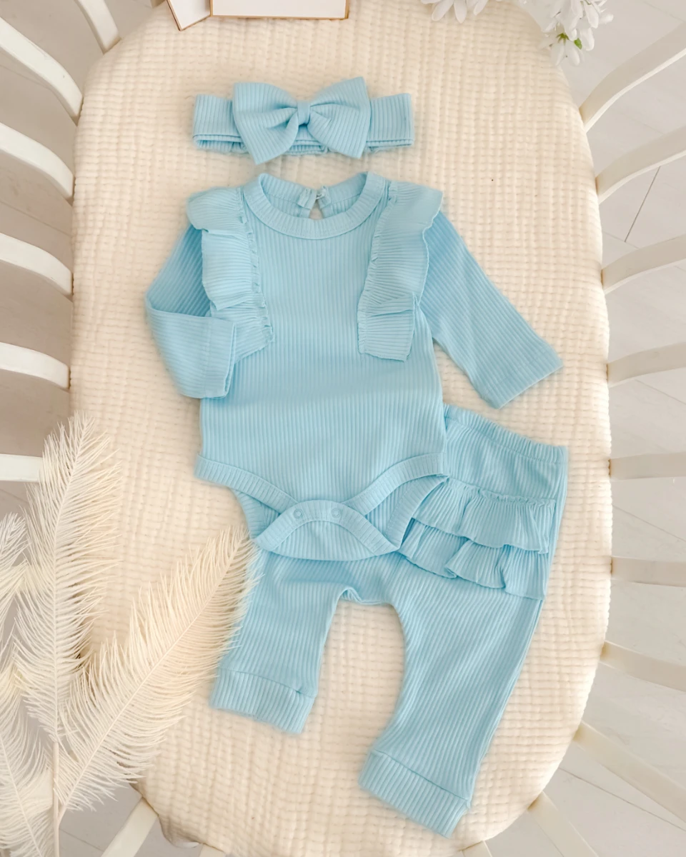 Fırfır detaylı şık bandanalı 3lü mevsimlik kız bebe takım