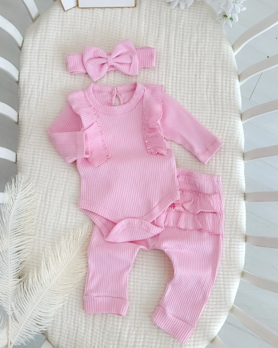 Fırfır detaylı şık bandanalı 3lü mevsimlik kız bebe takım 