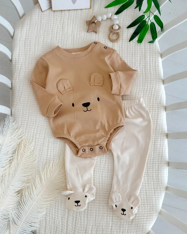 Ayıcık kulak detaylı çıtçıtlı badili mevsimlik 2li bebe takım