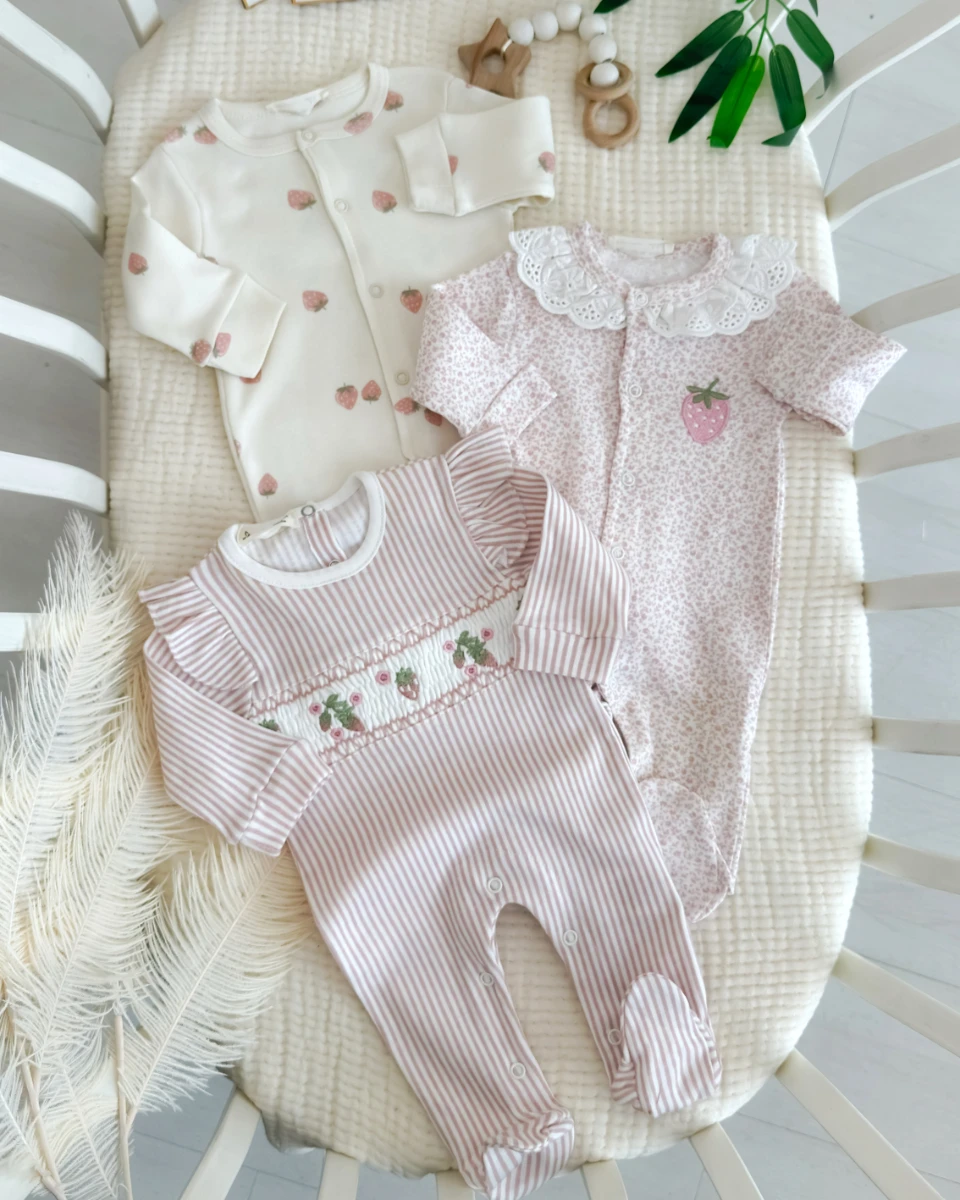 Çilek desenler 3lü kız bebe tulum