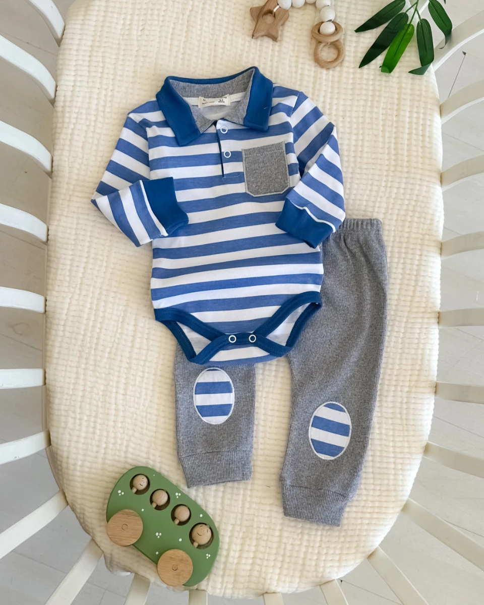 Çizgi detaylı cepli polo yaka mevsimlik 2li erkek bebe takım