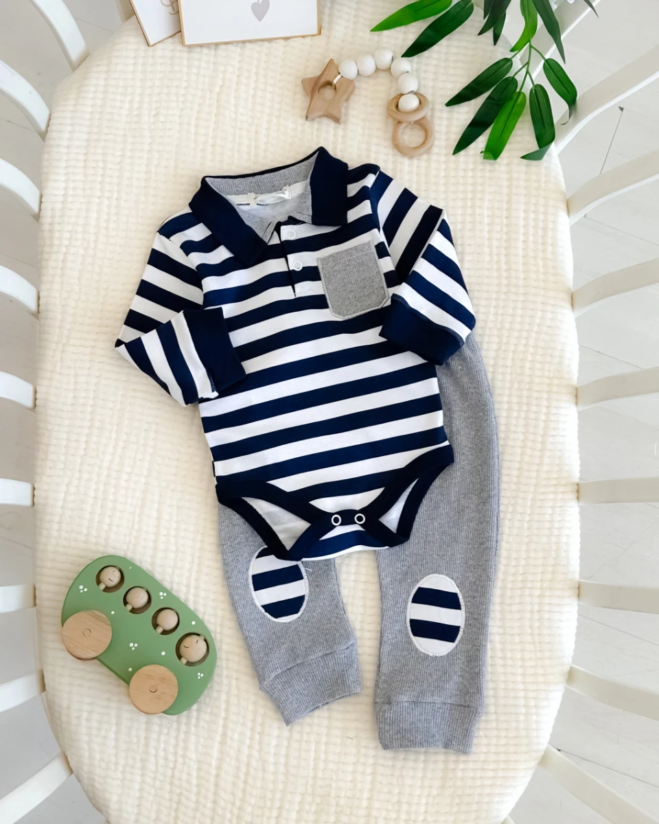 Çizgi detaylı cepli polo yaka mevsimlik 2li erkek bebe takım 
