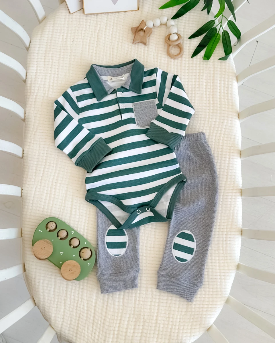 Çizgi detaylı cepli polo yaka mevsimlik 2li erkek bebe takım