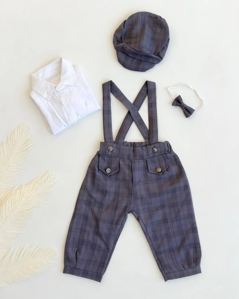 Kare çizgili salopet beyaz gömlekli bayramlık 4lü erkek bebe takım