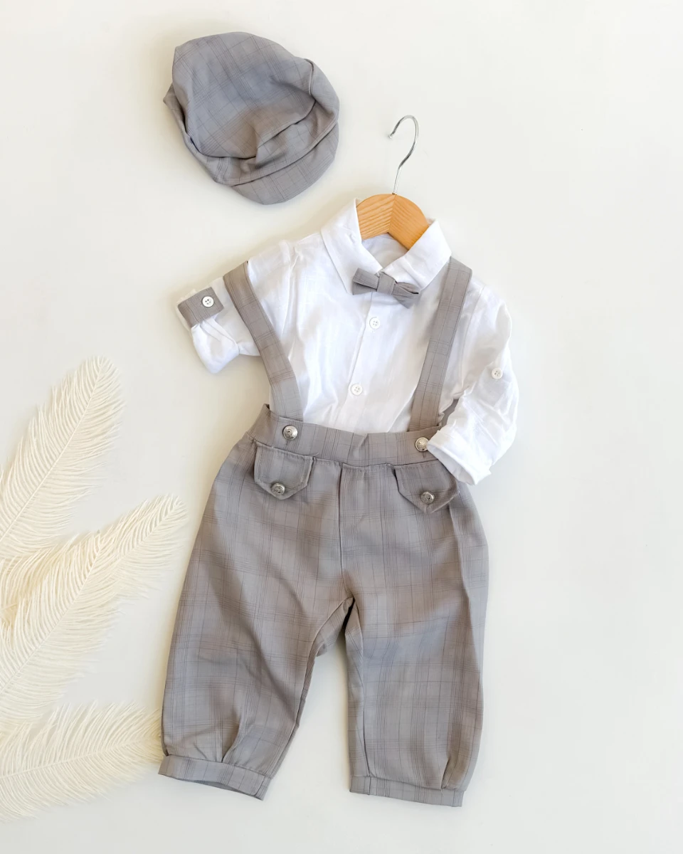 Kare çizgili salopet beyaz gömlekli bayramlık 4lü erkek bebe takım