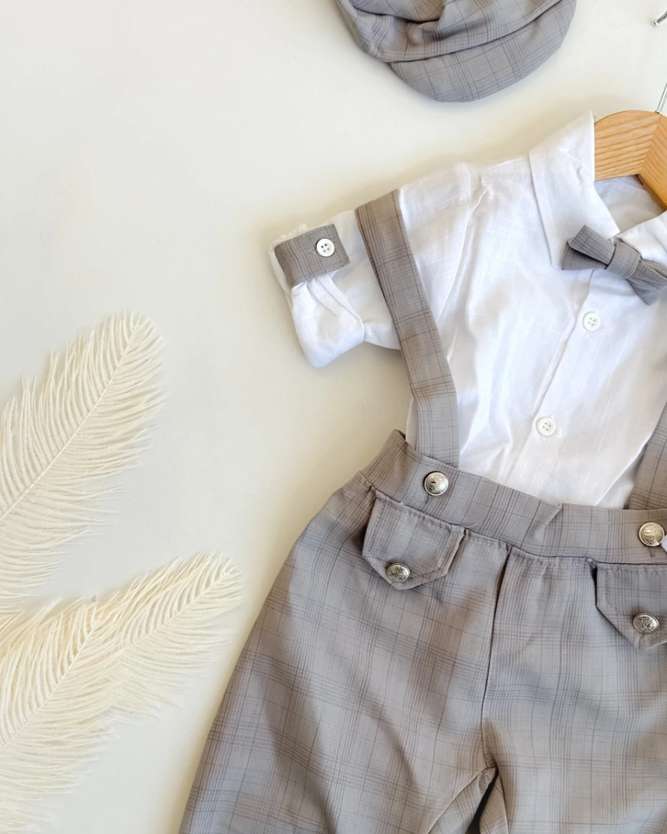 Kare çizgili salopet beyaz gömlekli bayramlık 4lü erkek bebe takım 