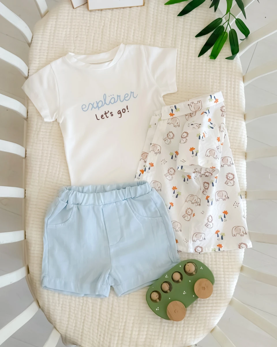 Renkli palmiyeler ve hayvanlar baskılı yazlık 3 parça takım 