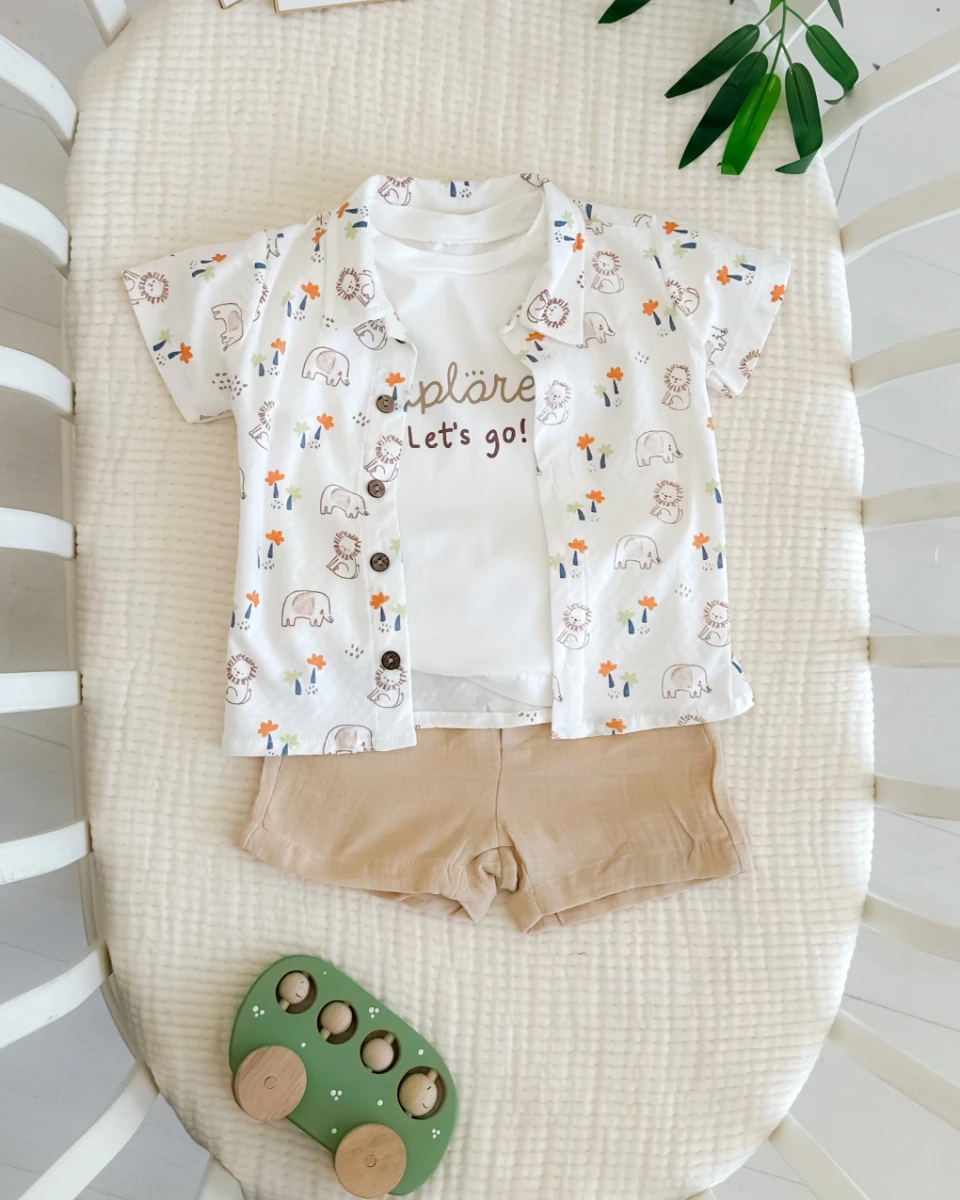 Renkli palmiyeler ve hayvanlar baskılı yazlık 3 parça takım