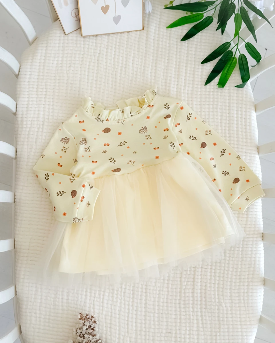 Şirin kirpi ve dallar desenli tütü etekli uzun kollu mevsimlik elbise 