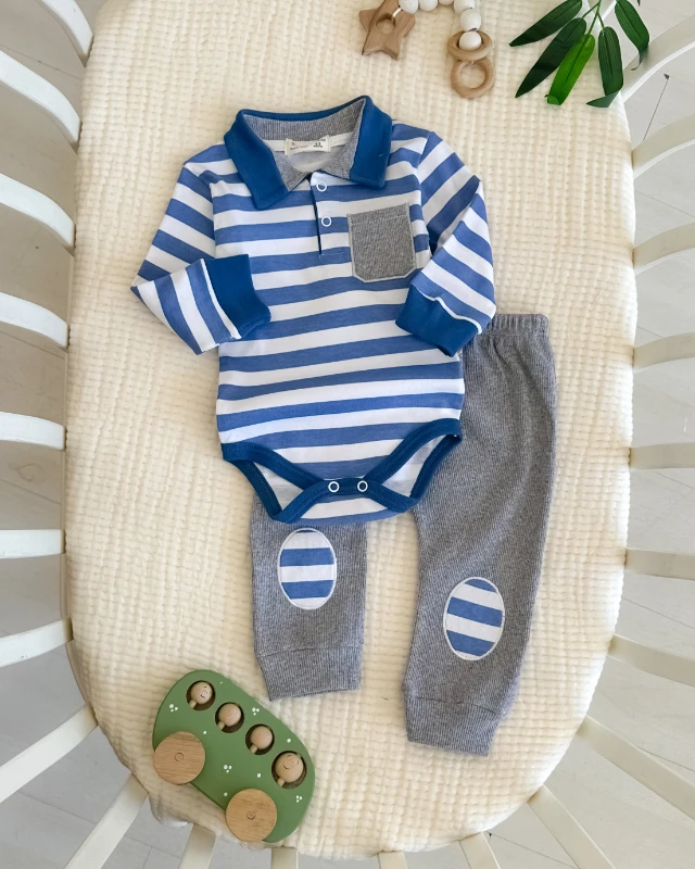 Çizgi detaylı cepli polo yaka mevsimlik 2li erkek bebe takım